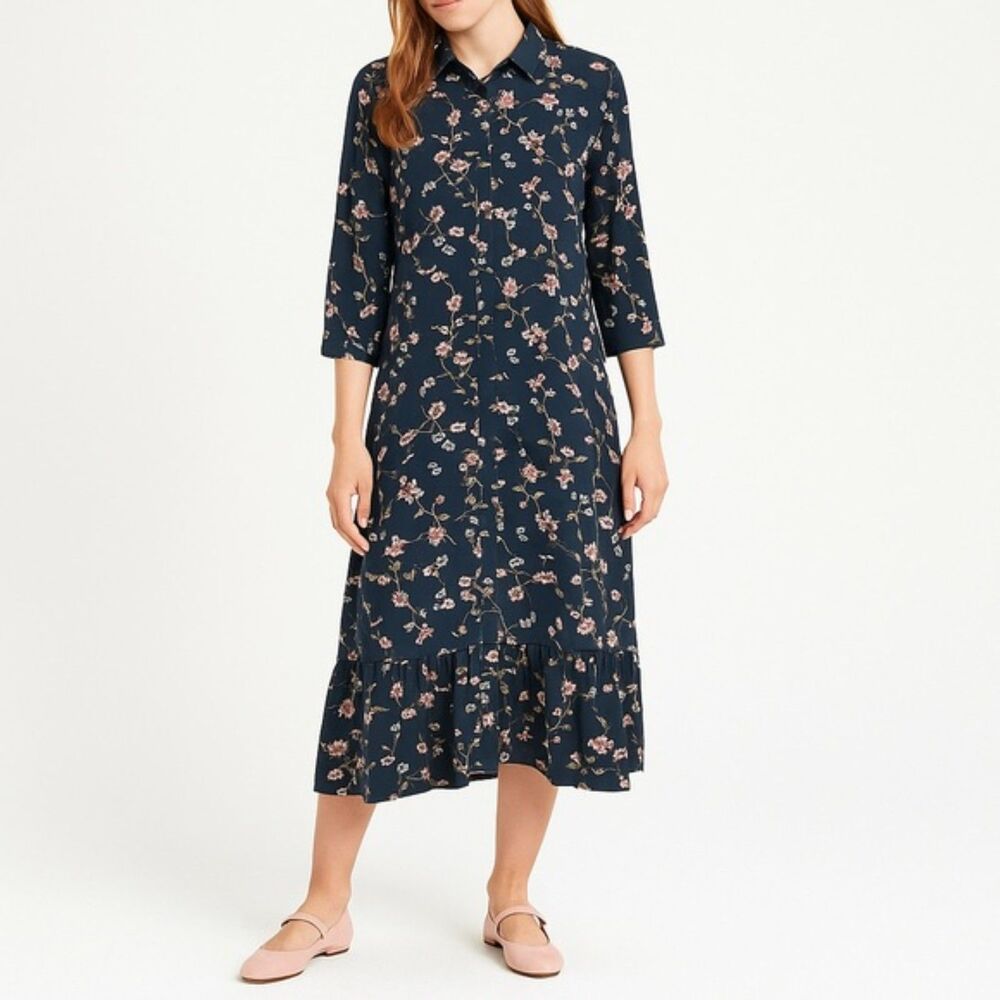 Only Pigalle Lotus Midi Shirt Dress Midnight Navy & Pink Womens EU 36 | US Small